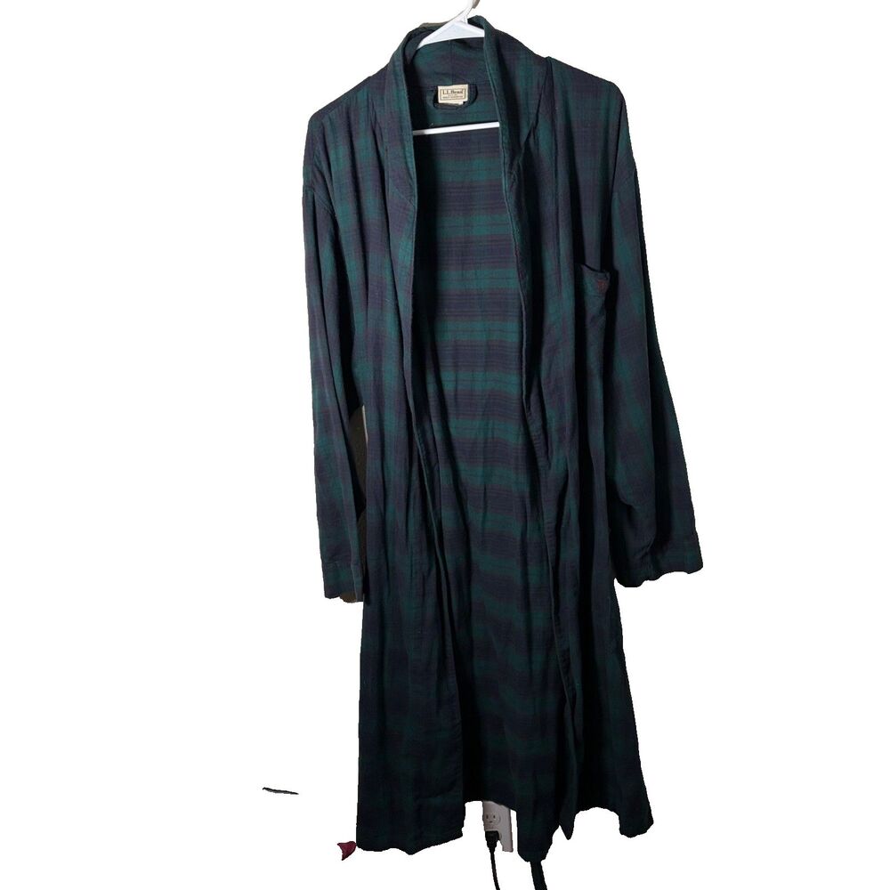 LL Bean Robe Men's Large Green Blue Plaid Belted Flannel Long Sleeve Pocket